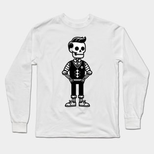 Minimalist Preppy Skeleton - Black and White Cartoon Long Sleeve T-Shirt